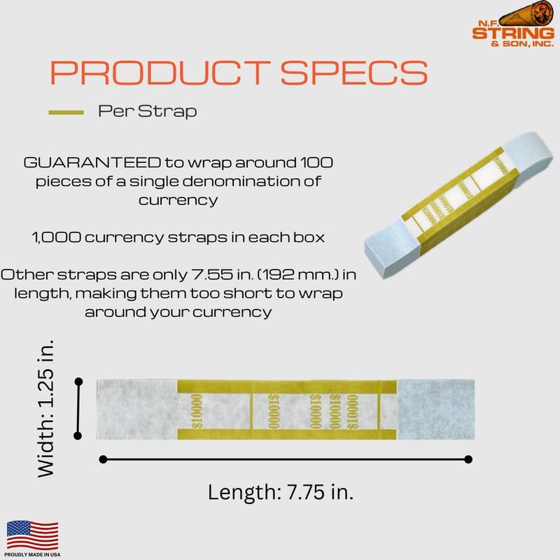 N. F. String & Son, Inc. Self-Sealing Currency Straps, Cash Handling Bill Wrappers 1000 PCS/Pack, 7.75 x 1.25 ($10000/Mustard - 1000 PCS) - Image 3